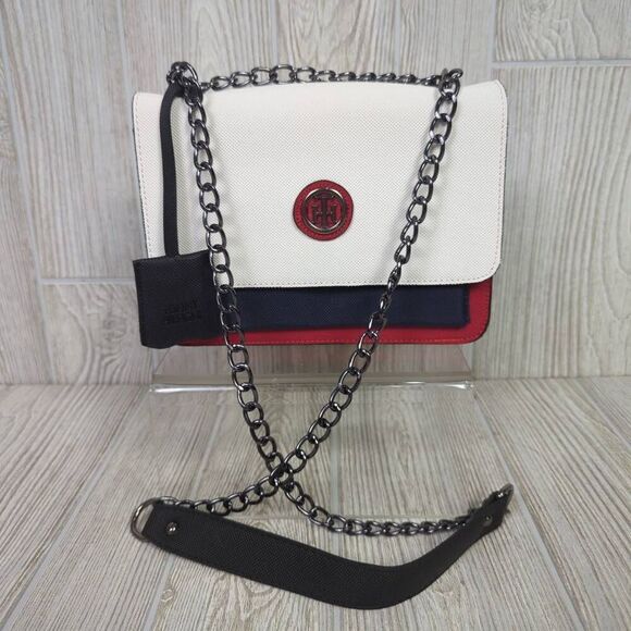 Tommy Hilfiger Classic Colorblock Blue White Red Chain Crossbody Bag Leather - Picture 1 of 14